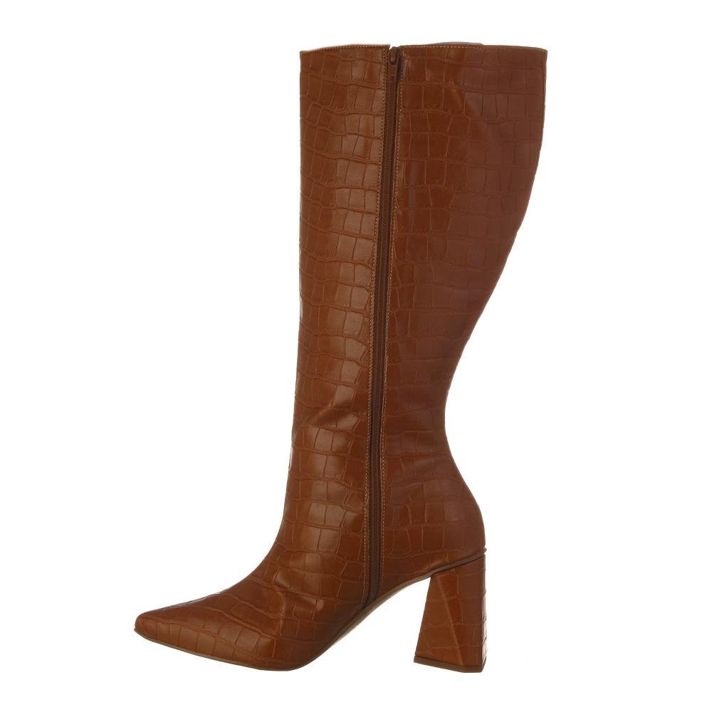 Bota Feminina Cano Longo Bico Fino Croco Zíper Marrom 4