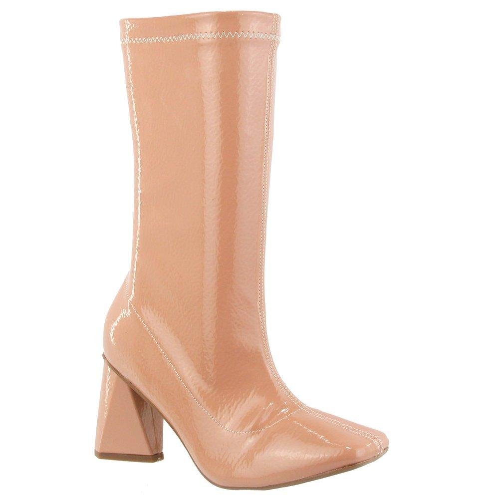 Bota Flor Da Pele Cano Longo Salto Verniz Zíper Stretch Feminino Rosa 2