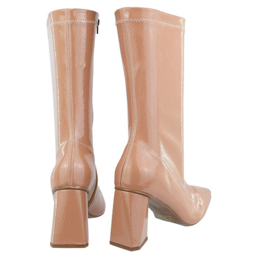 Bota Flor Da Pele Cano Longo Salto Verniz Zíper Stretch Feminino Rosa 3