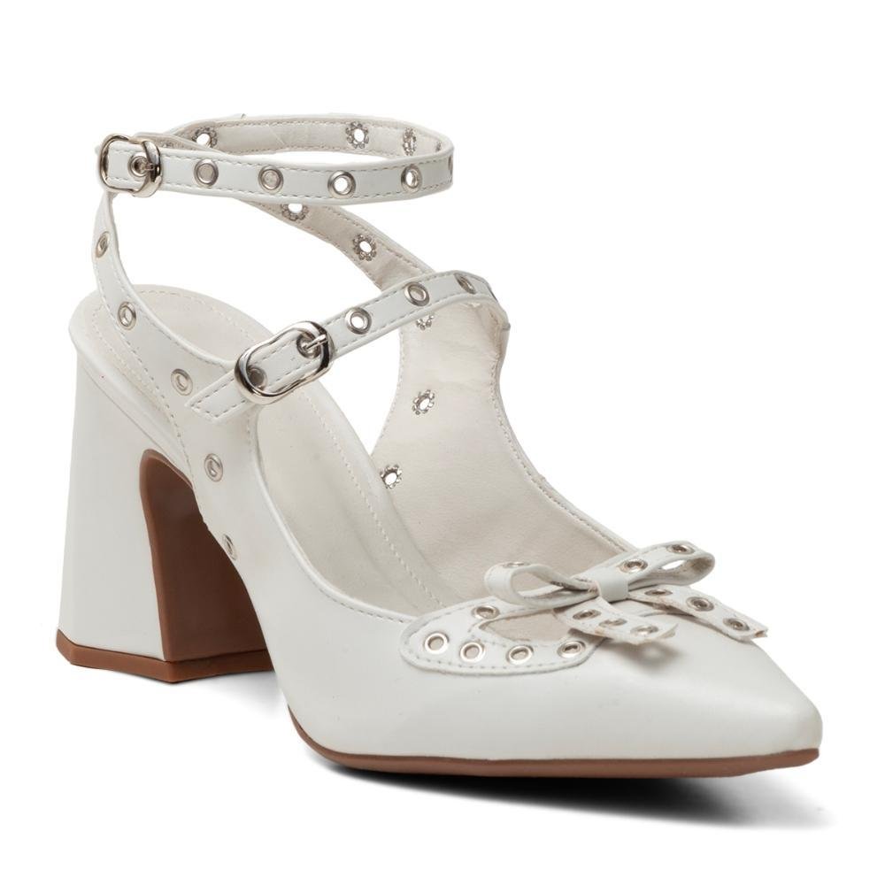 Scarpin Feminino Salto Grosso Médio Bico Fino Fivela 2
