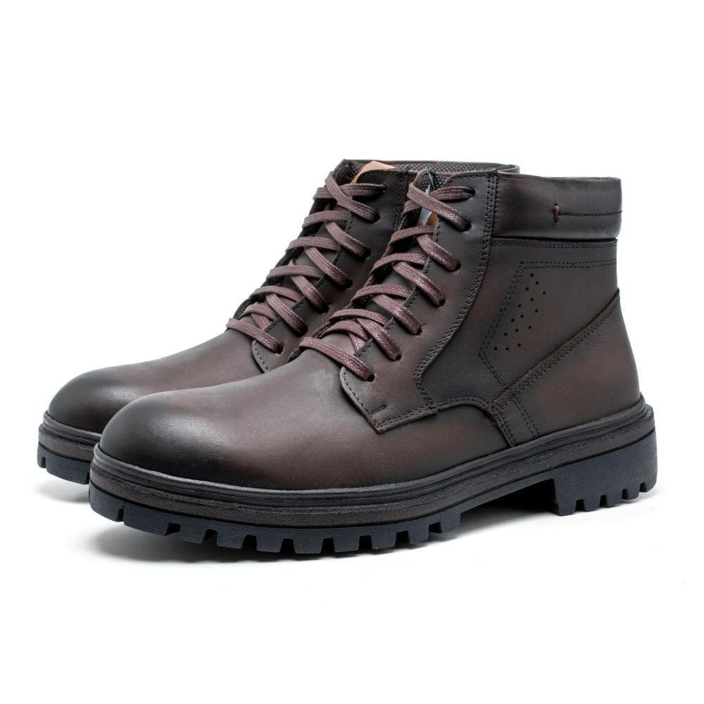 Coturno Masculino Bota Couro Solado Borracha Cadarço Marrom