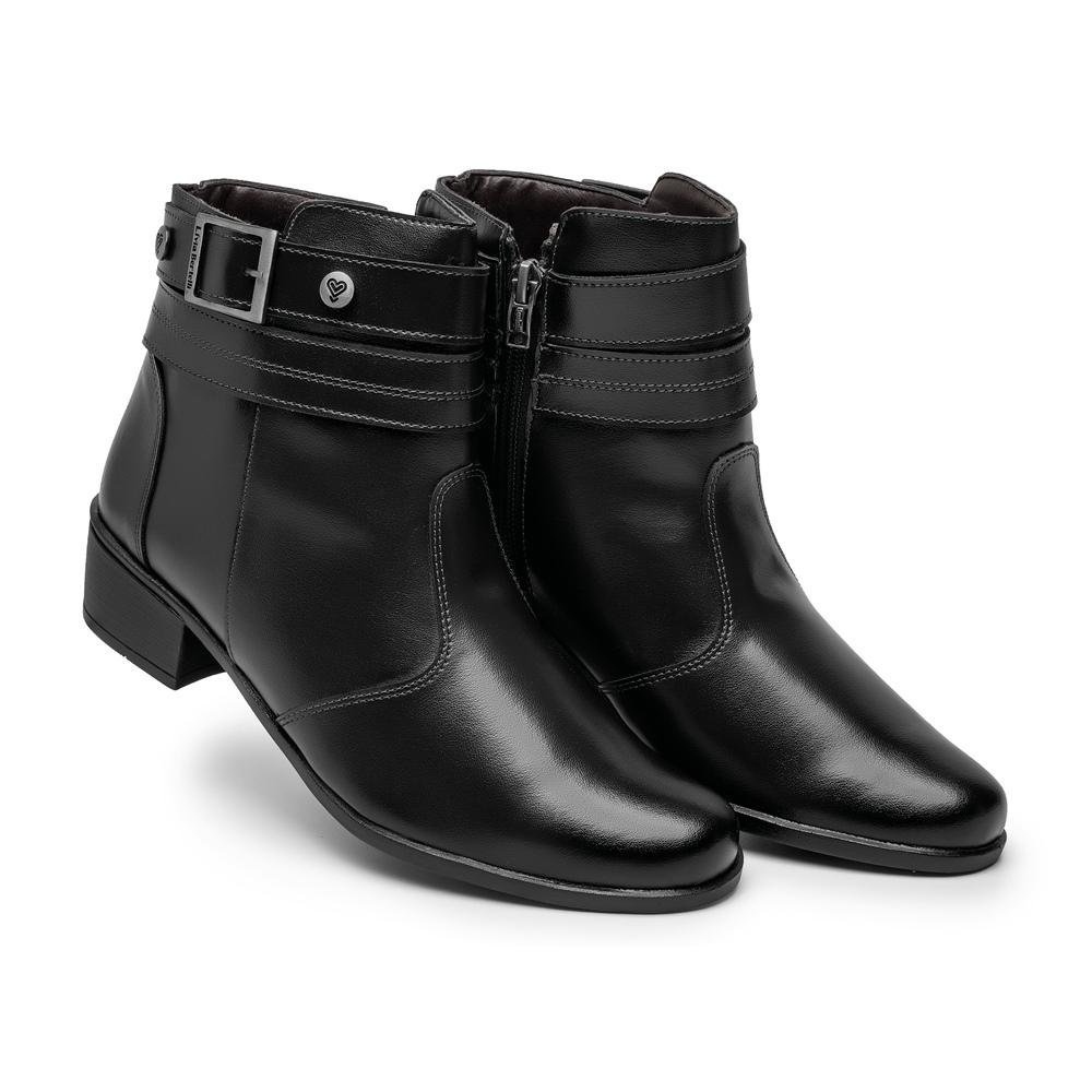 Bota Feminina Cano Curto Zíper Fivela Salto Baixo Moderna Preto 2