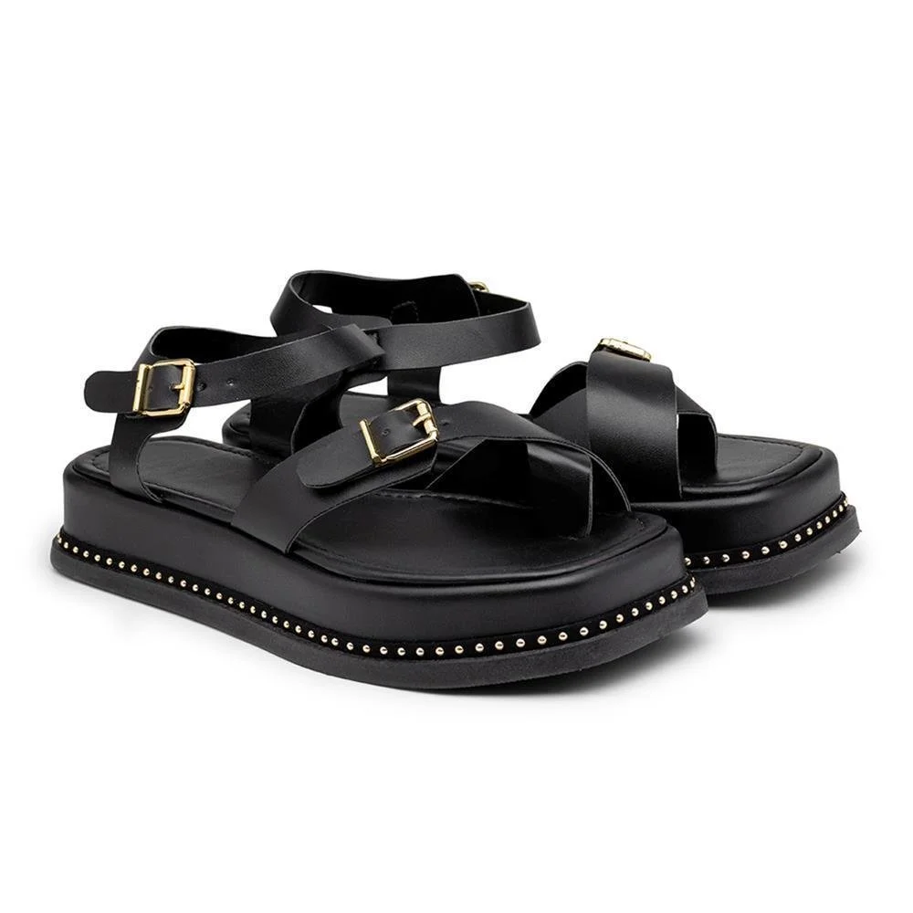 Papete Sandália Feminina Flatform Plataforma Tiras Fivela Preto 3