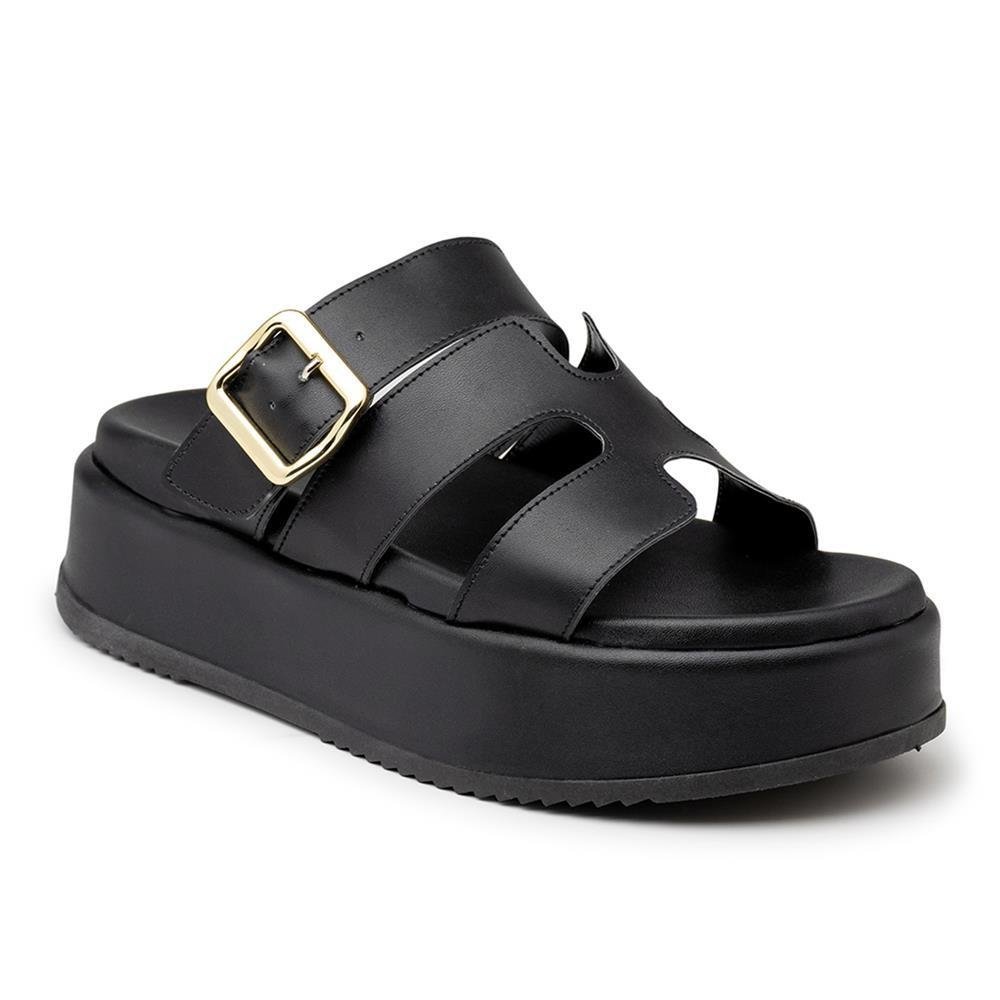 Tamanco Feminino Flatform Tiras com Fivela Salto Baixo