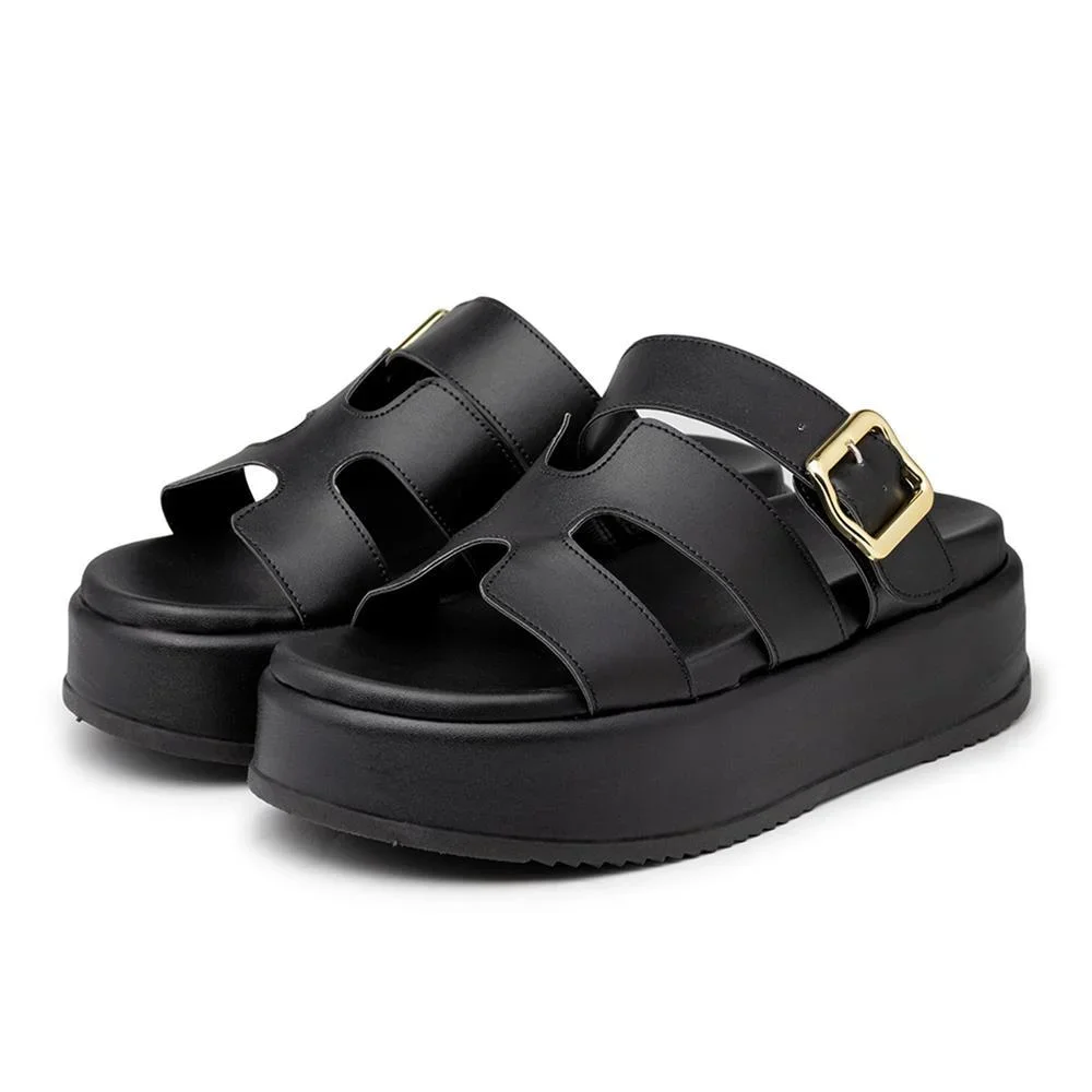 Tamanco Feminino Flatform Tiras com Fivela Salto Baixo Preto 2