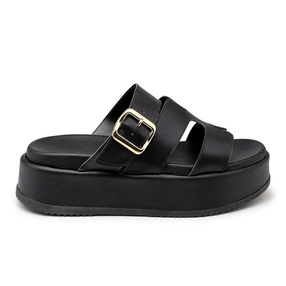 Tamanco Feminino Flatform Tiras com Fivela Salto Baixo Preto 3