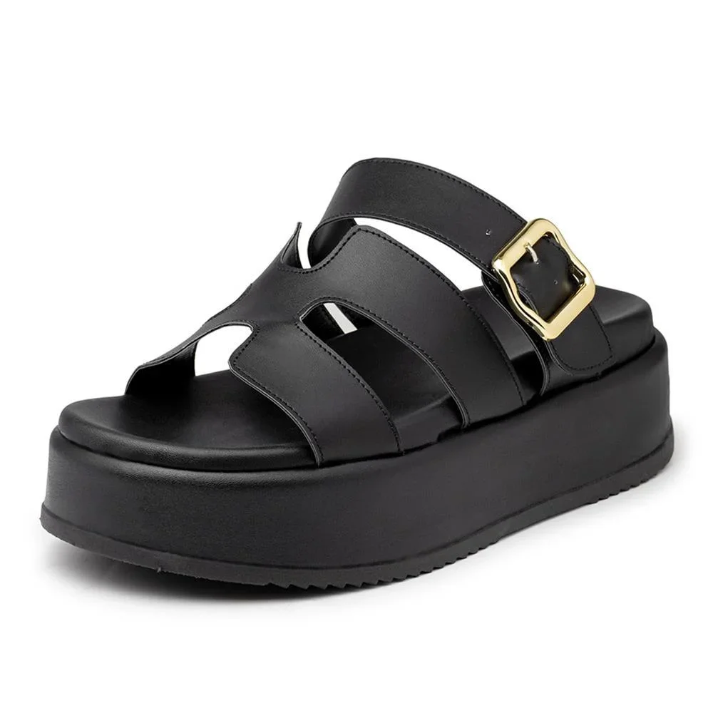 Tamanco Feminino Flatform Tiras com Fivela Salto Baixo Preto 4