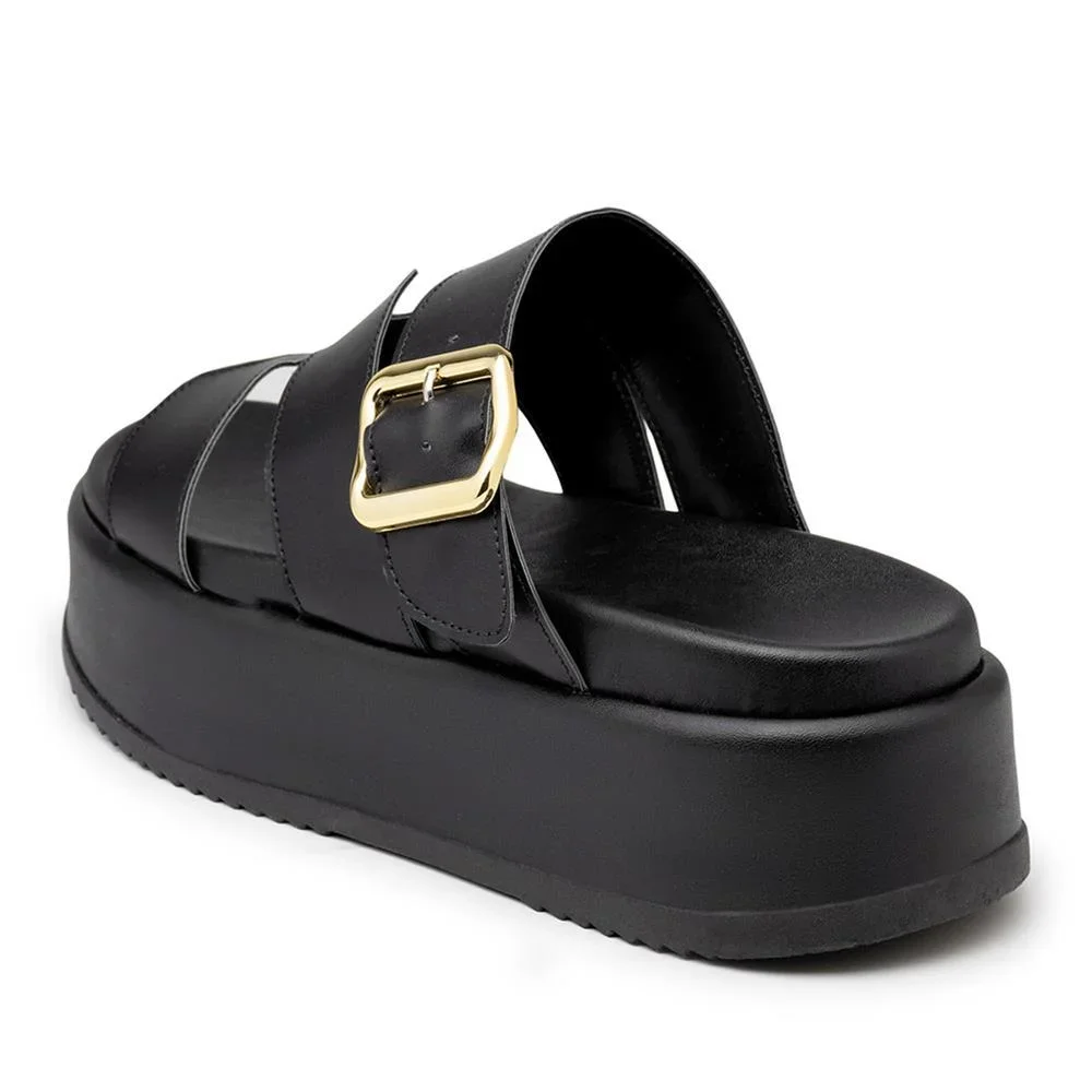 Tamanco Feminino Flatform Tiras com Fivela Salto Baixo Preto 5