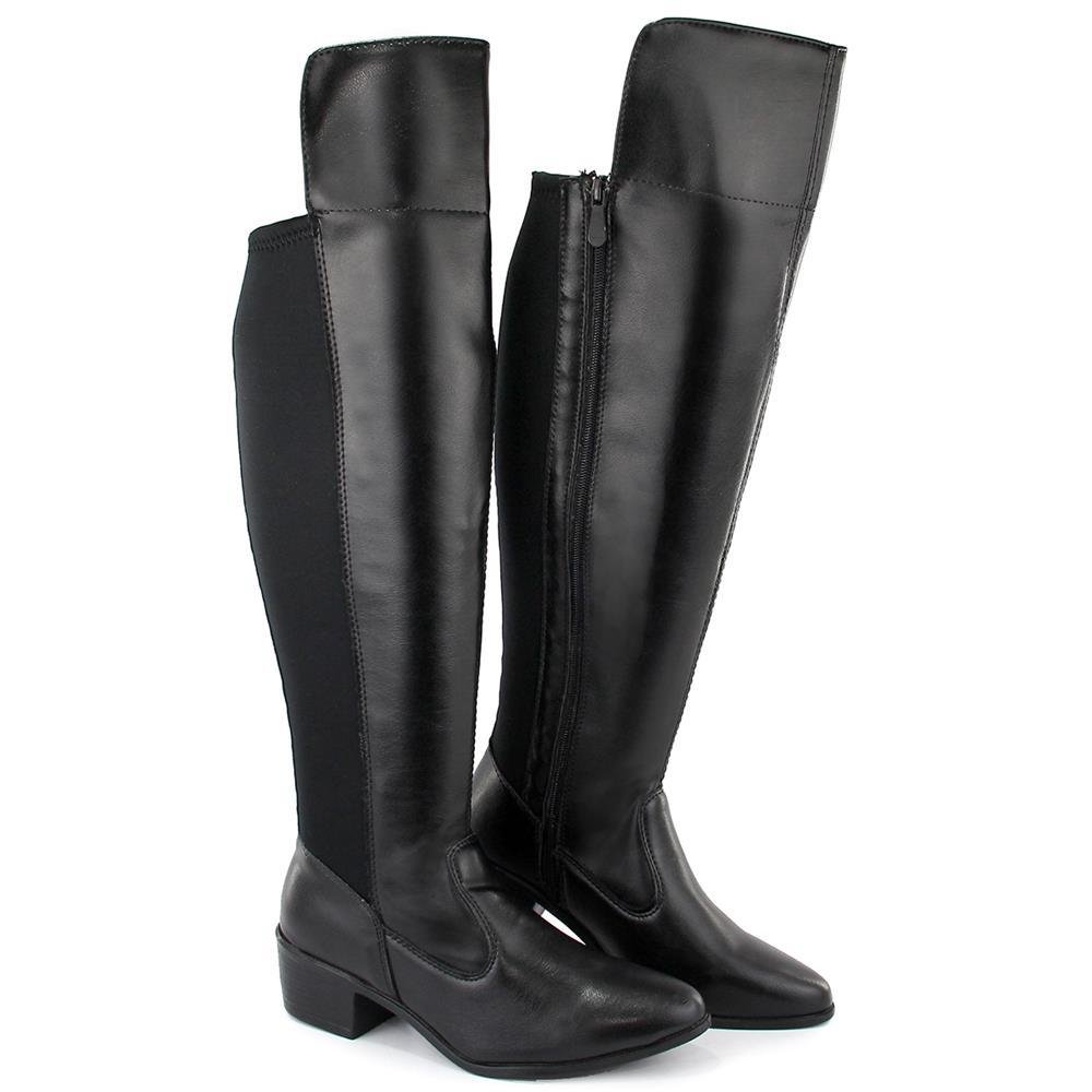 Bota Feminina Montaria Casual Cano Alto Elástico Conforto Preto 1