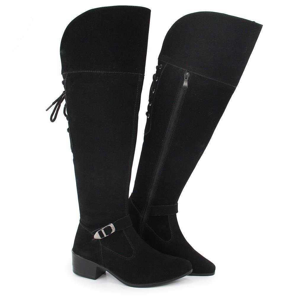 Bota Feminina Over The Knee Casual Fechamento Zíper Moderna Preto 1