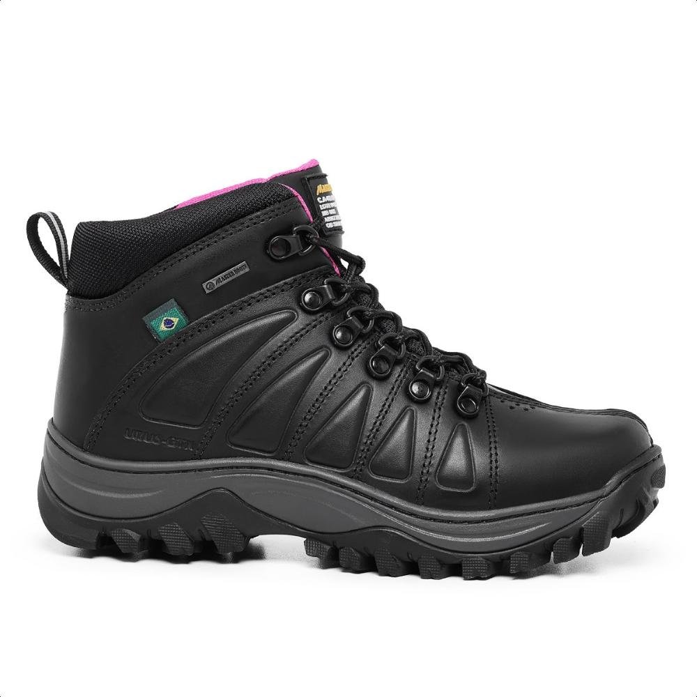 Bota Coturno Feminina Couro Trilha Confortável Preto/Rosa