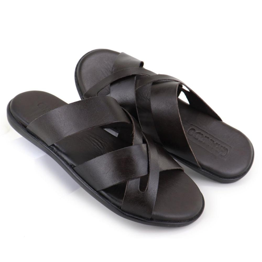 Chinelo Masculino Couro Com Tiras Confortável Resistente Café 1