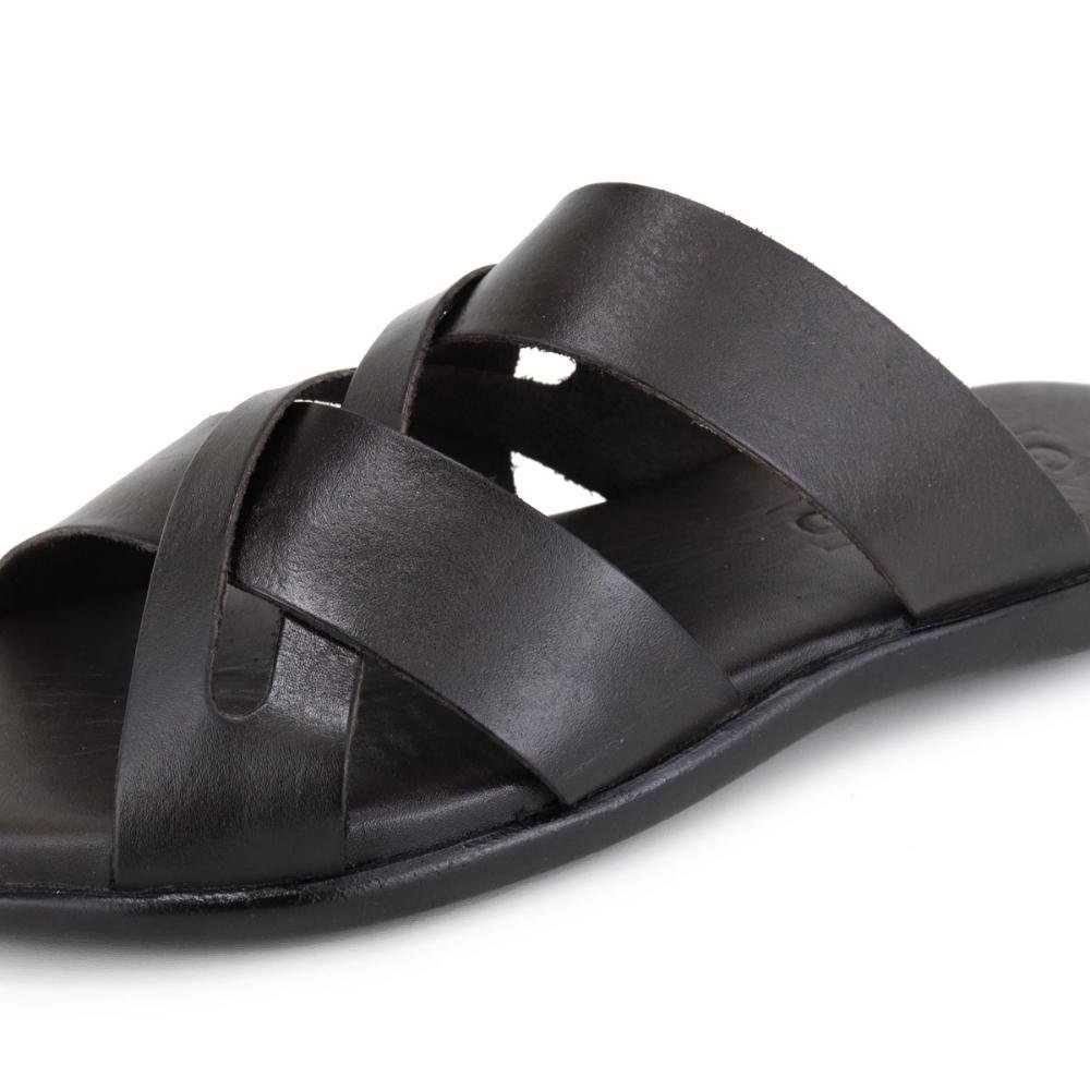 Chinelo Masculino Couro Com Tiras Confortável Resistente Café 3