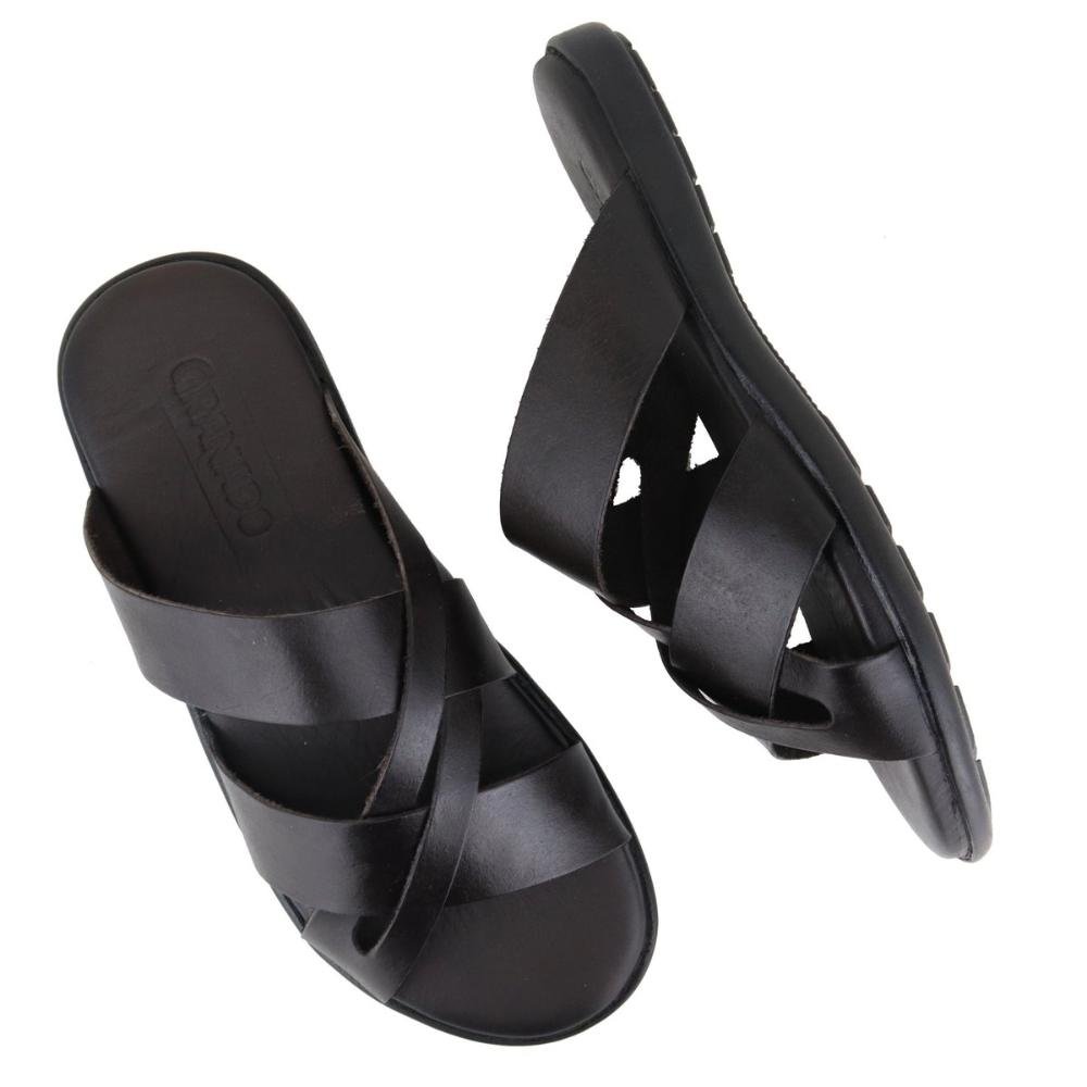 Chinelo Masculino Couro Com Tiras Confortável Resistente Café 4