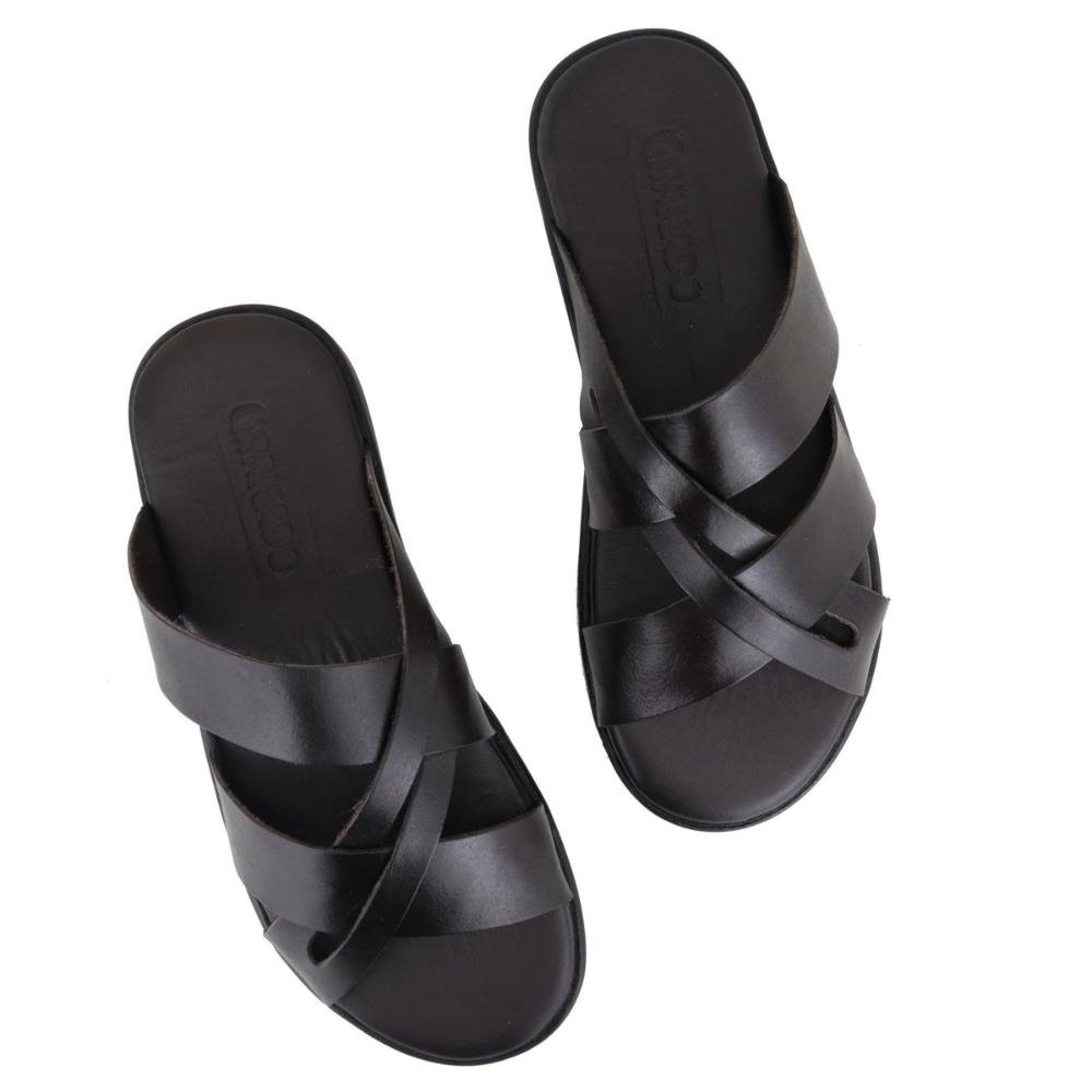 Chinelo Masculino Couro Com Tiras Confortável Resistente Café 5