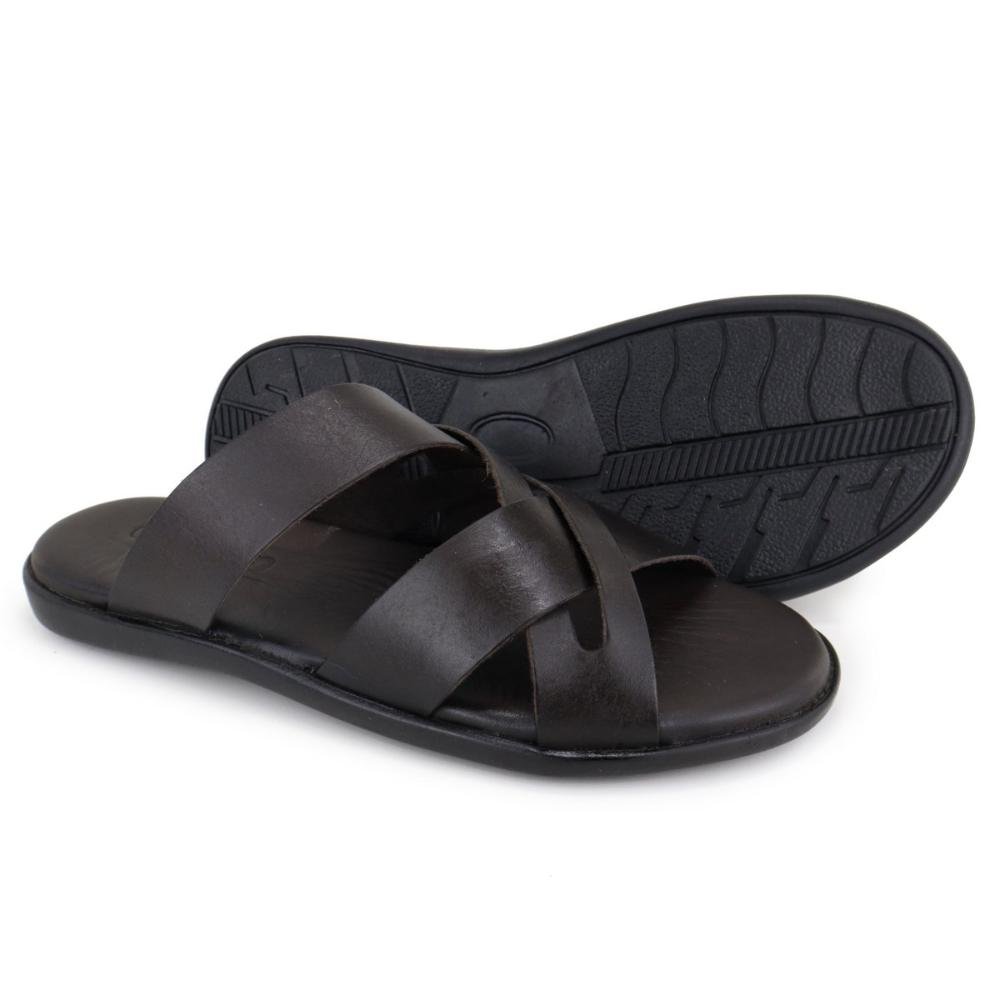 Chinelo Masculino Couro Com Tiras Confortável Resistente Café 6