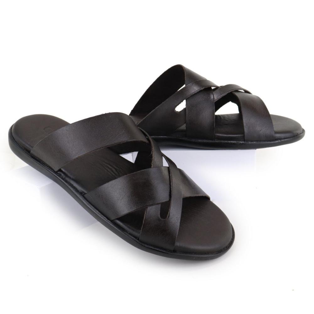 Chinelo Masculino Couro Com Tiras Confortável Resistente Café 7