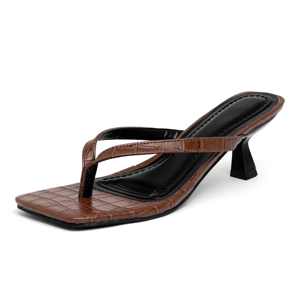 Tamanco de Dedo Feminino Salto Baixo Confortável Elegante Marrom 4