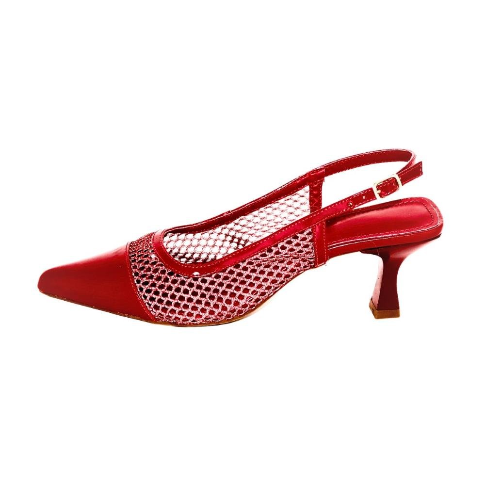 Scarpin Slingback Bico Fino Salto Médio Tela Confortável Vermelho 3