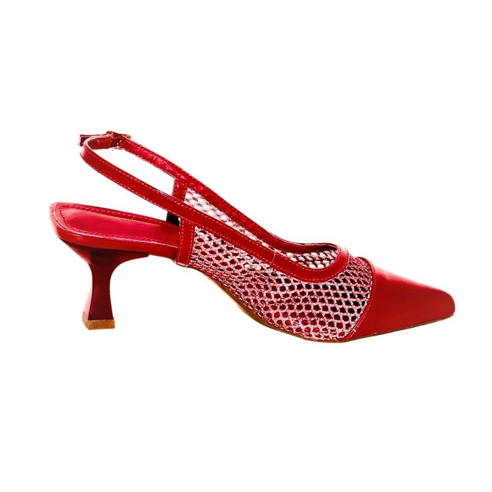 Scarpin Slingback Bico Fino Salto Médio Tela Confortável Vermelho 4