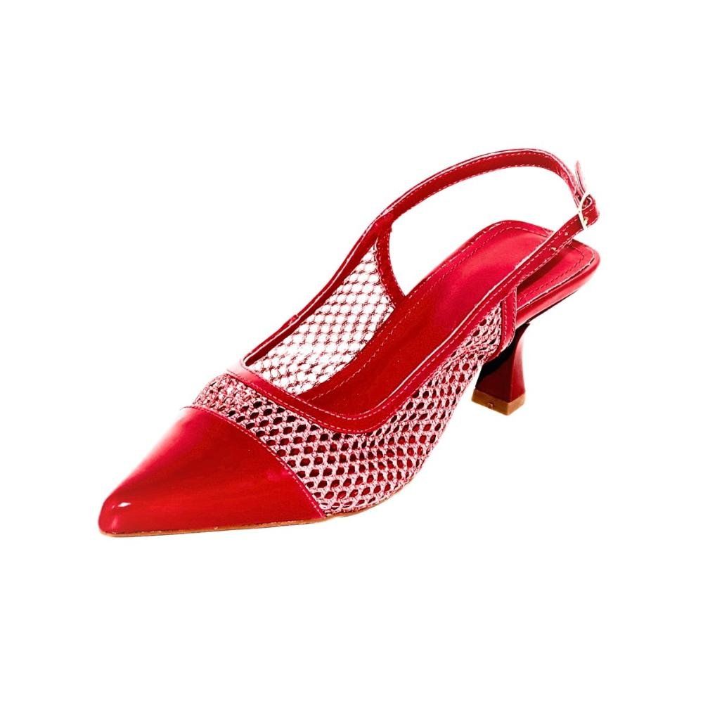 Scarpin Slingback Bico Fino Salto Médio Tela Confortável Vermelho 5