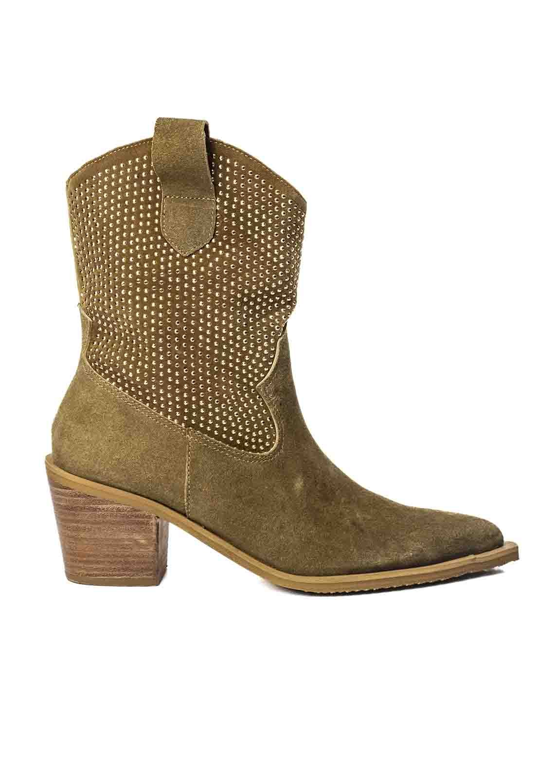 Bota Couro Texana Country Western Cano Medio Strass Bege Bege 2