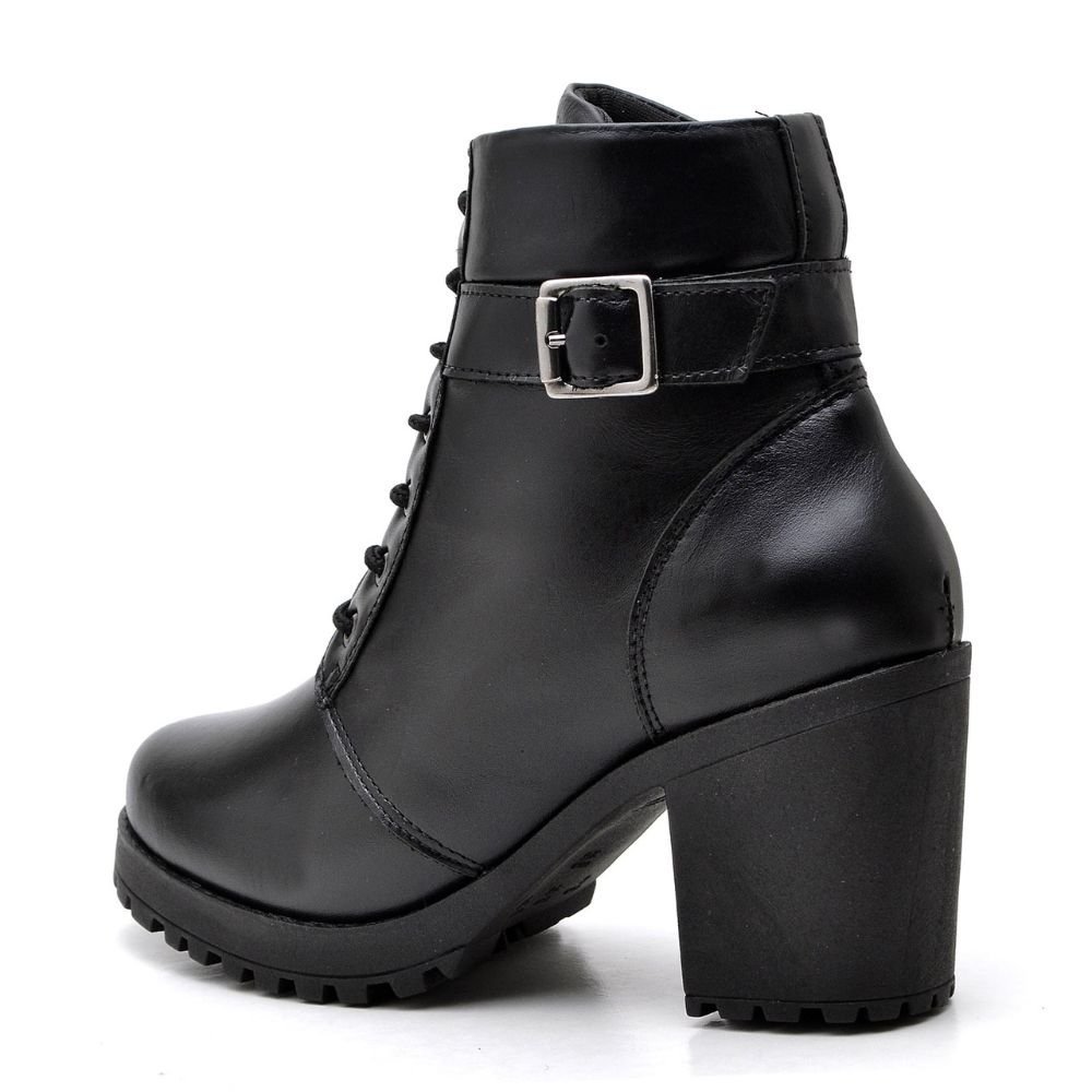 Bota Coturno KRN Shoes de Couro Lisa Cano curto com Salto Grosso Ziper e Cadarço Preto 2