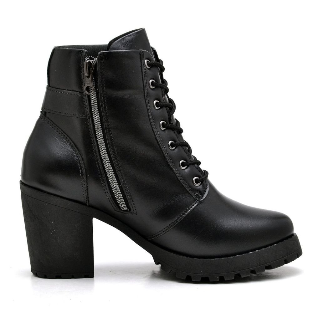 Bota Coturno KRN Shoes de Couro Lisa Cano curto com Salto Grosso Ziper e Cadarço Preto 3