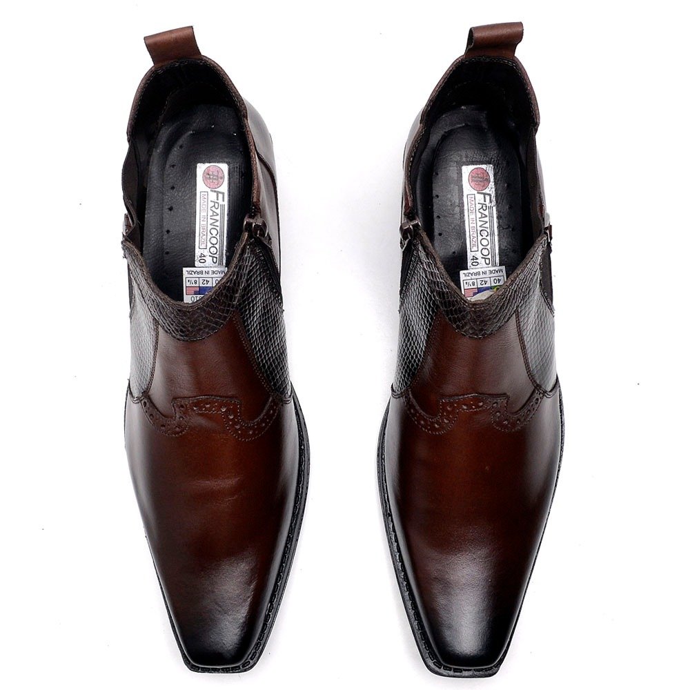 Bota Botina Country Reta Oposta de Couro Bico Quadrado com Elastico e Ziper Marrom 4