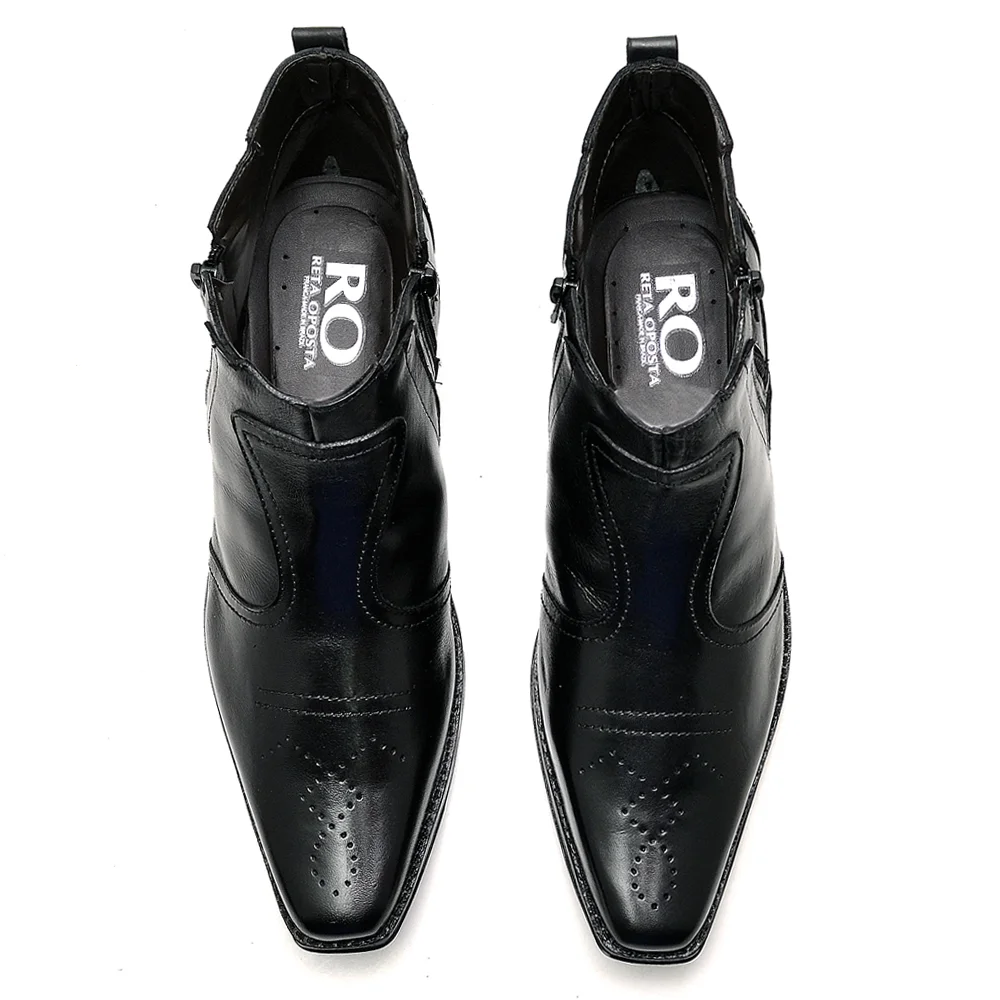 Bota Botina Country Reta Oposta de Couro com Detalhes Bico Quadrado e Ziper Preto 4