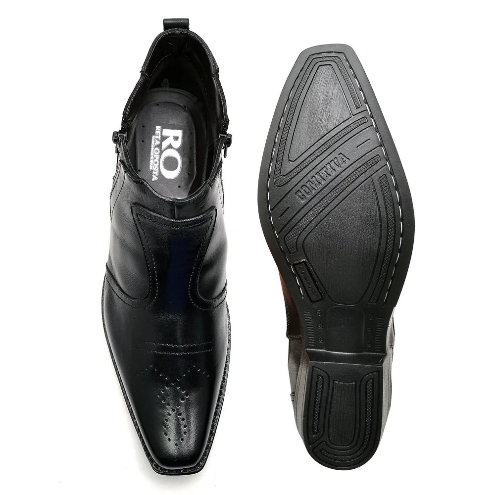Bota Botina Country Reta Oposta de Couro com Detalhes Bico Quadrado e Ziper Preto 5