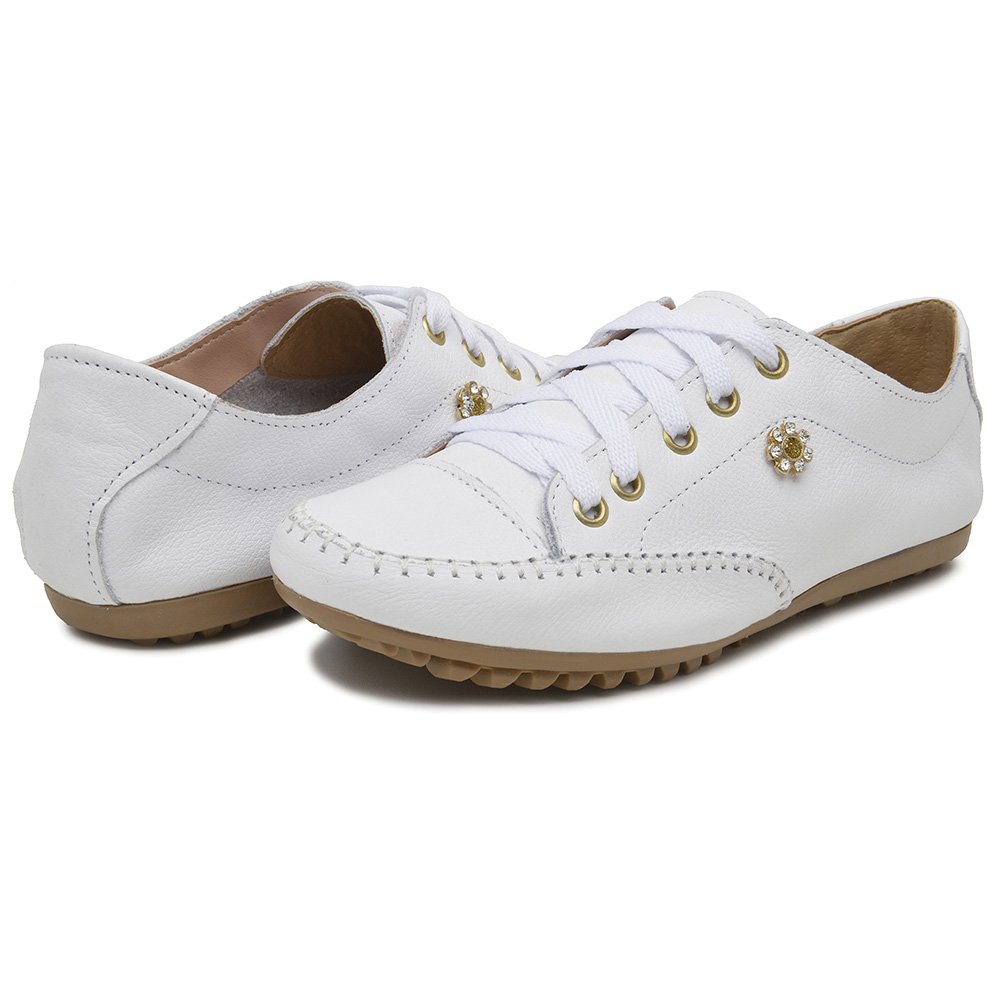 Tênis Casual em Couro Krn Shoes com Cadarço Detalhe em Metal e Sola Borracha Branco 3