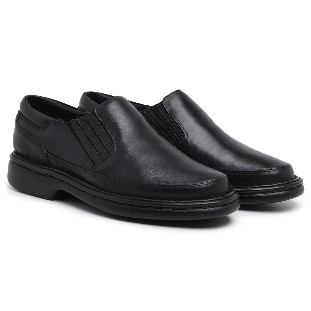 Sapato Casual Conforto KRN Shoes de Couro Liso com Elastico e Bico Redondo Preto 1