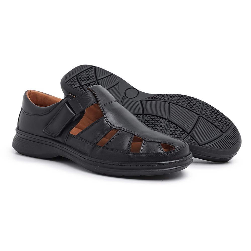 Sandália em Couro Krn Shoes Leve com Detalhes e Sola Reta Confortável Preto 5