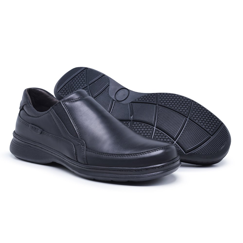 Sapato Casual em Couro Krn Shoes Liso com Elástico e Sola em Borracha Preto 1