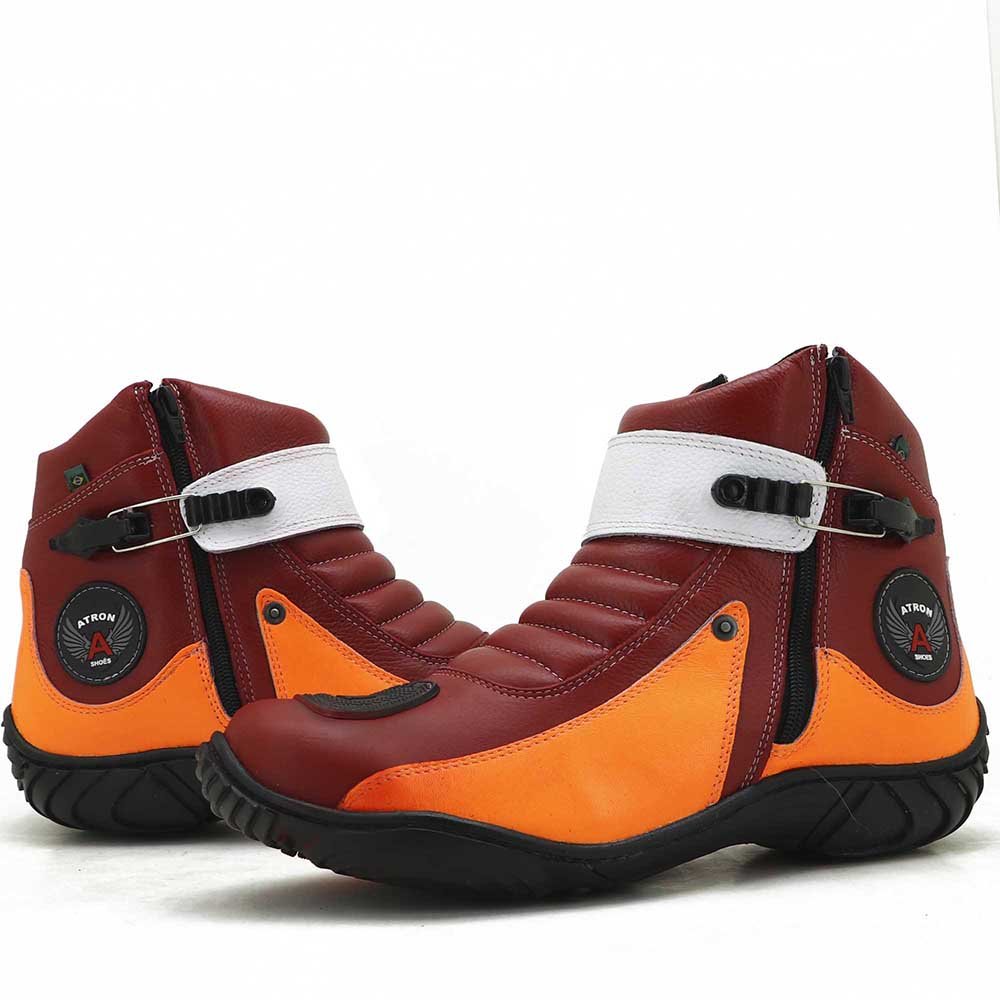 Bota Motociclista Cano Curto em Couro Atron Shoes Ziper Lateral e Sola Borracha Vermelho 3