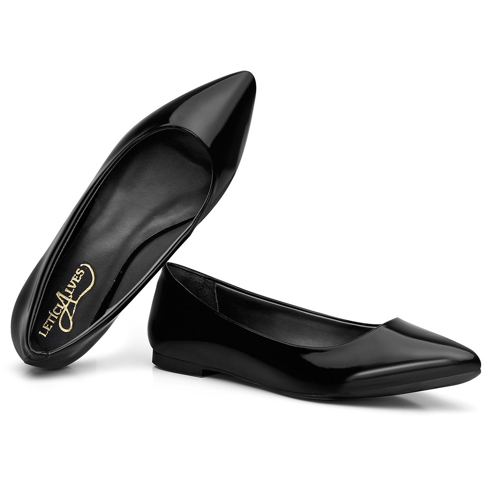 Sapatilha Bico Fino KRN Shoes de Couro Basica Lisa com Salto Baixo Quadrado Preto 3