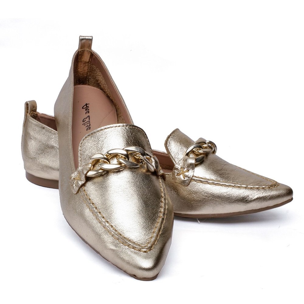 Sapatilha Bico Fino Sola Macia Krn Shoes Corrente Estilosa Dourado 2