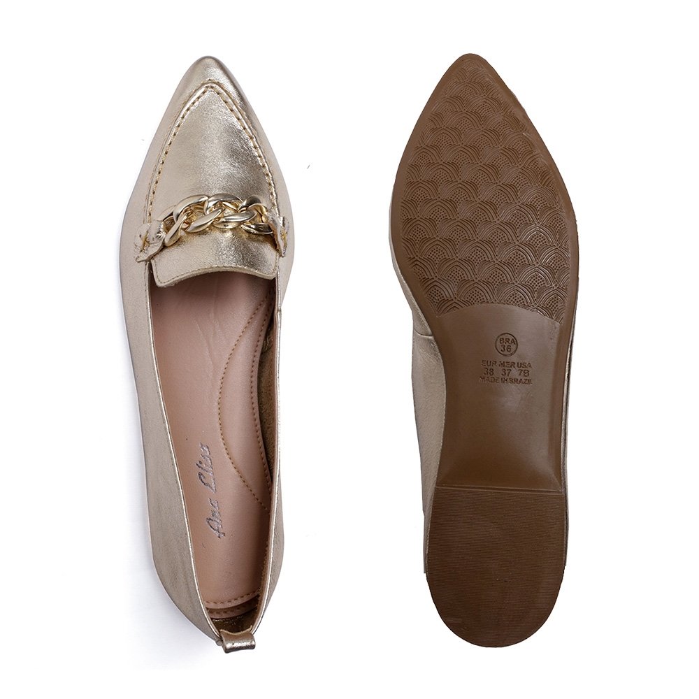 Sapatilha Bico Fino Sola Macia Krn Shoes Corrente Estilosa Dourado 3