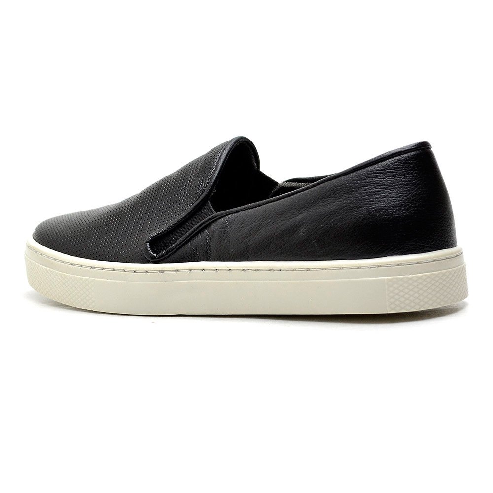 Tênis Slip On Casual Em Couro Sola Macia Krn Shoes Costura Aparente Preto 2