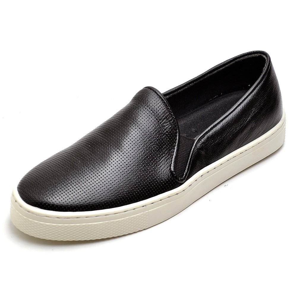 Tênis Slip On Casual Em Couro Sola Macia Krn Shoes Costura Aparente Preto 3