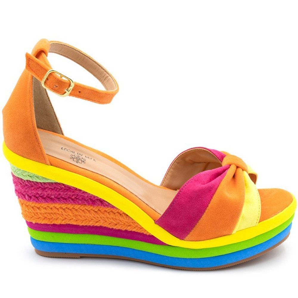 Sandalia em Couro Salto Anabela Krn Shoes Colorida Sola Emborrachada Laranja 3