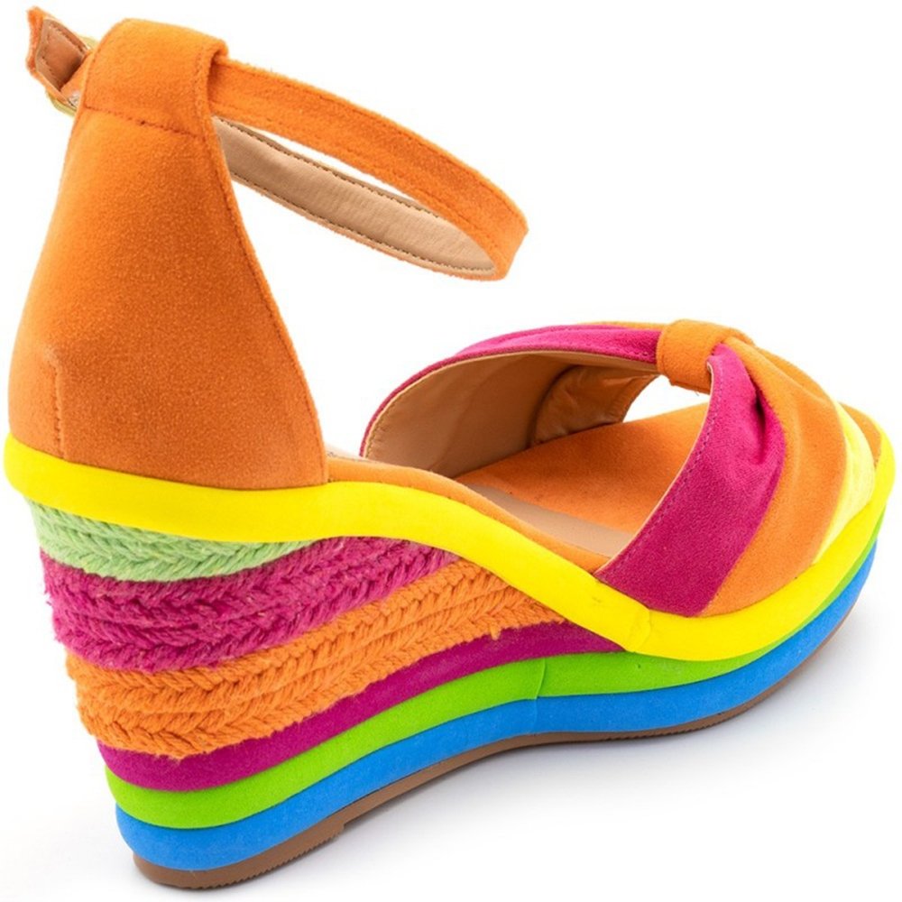 Sandalia em Couro Salto Anabela Krn Shoes Colorida Sola Emborrachada Laranja 4