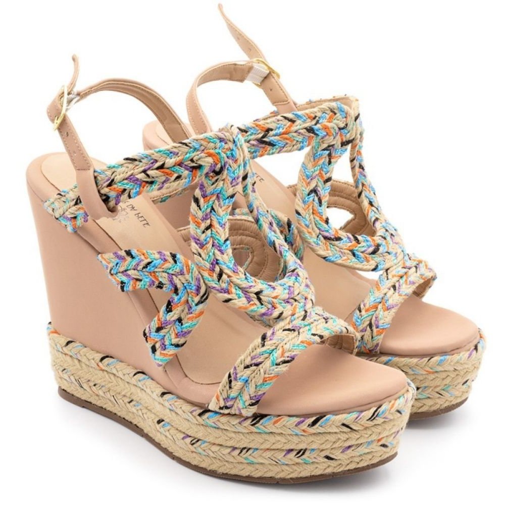 Sandalia Salto Anabela Sisal em Couro Krn Shoes Sola Emborrachada Bege 2