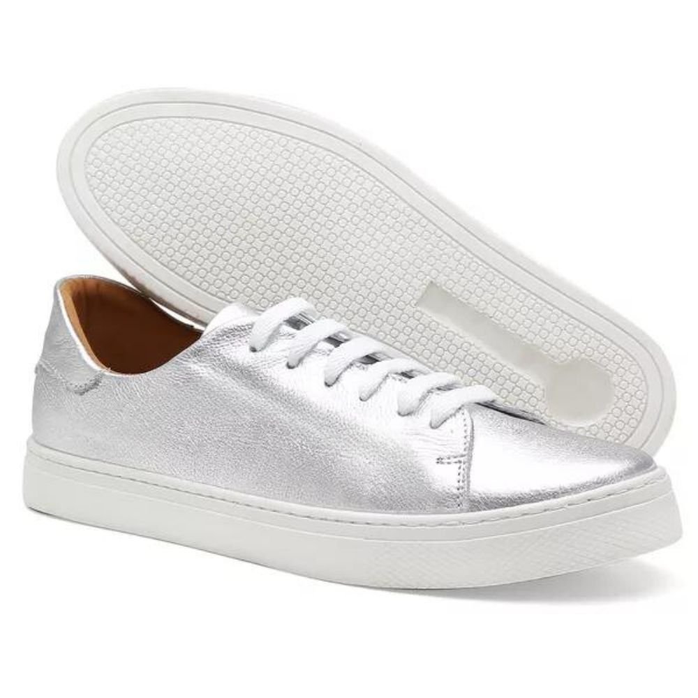 Tênis Sapatenis Couro Moda Casual Feminino Metalizado Cadarço Sola Macia Costura Reforçada Dia a Dia Prata 2