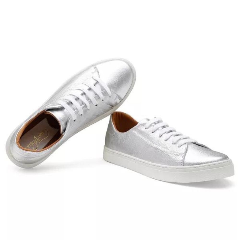 Tênis Sapatenis Couro Moda Casual Feminino Metalizado Cadarço Sola Macia Costura Reforçada Dia a Dia Prata 3