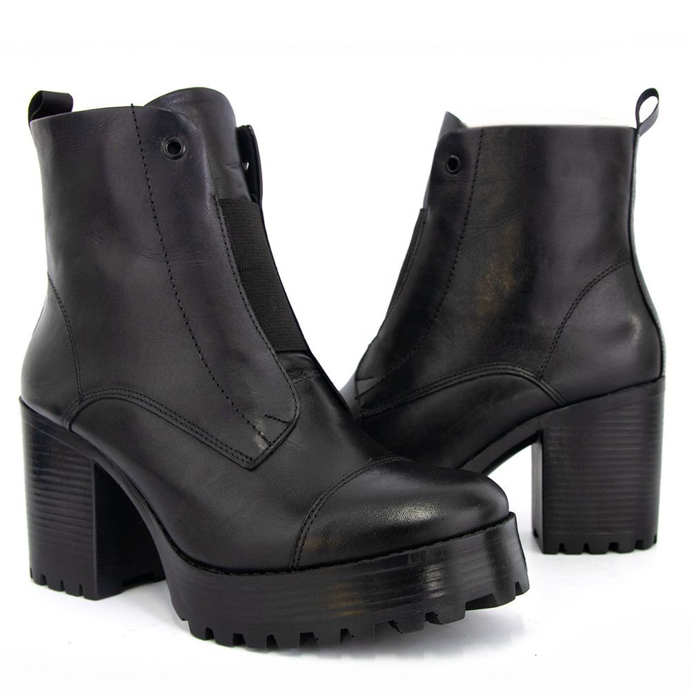 Bota Coturno Couro Feminino Zíper Elástico Frontal Tiras Corrente Spike Removível Salto Tratorado Preto 2