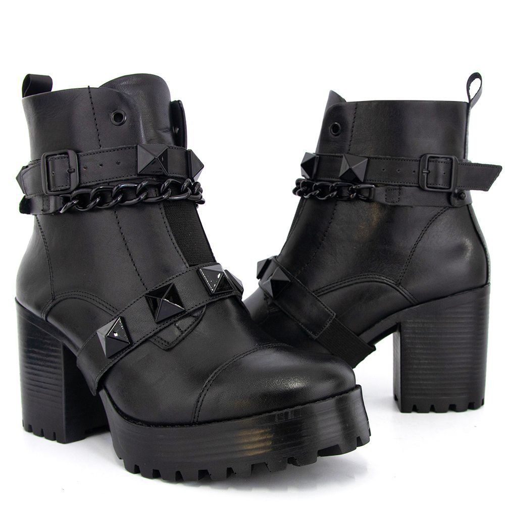 Bota Coturno Couro Feminino Zíper Elástico Frontal Tiras Corrente Spike Removível Salto Tratorado Preto 3