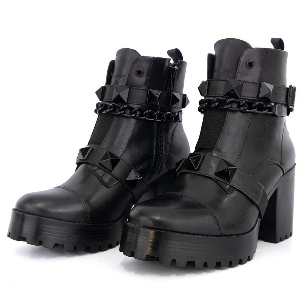 Bota Coturno Couro Feminino Zíper Elástico Frontal Tiras Corrente Spike Removível Salto Tratorado Preto 4