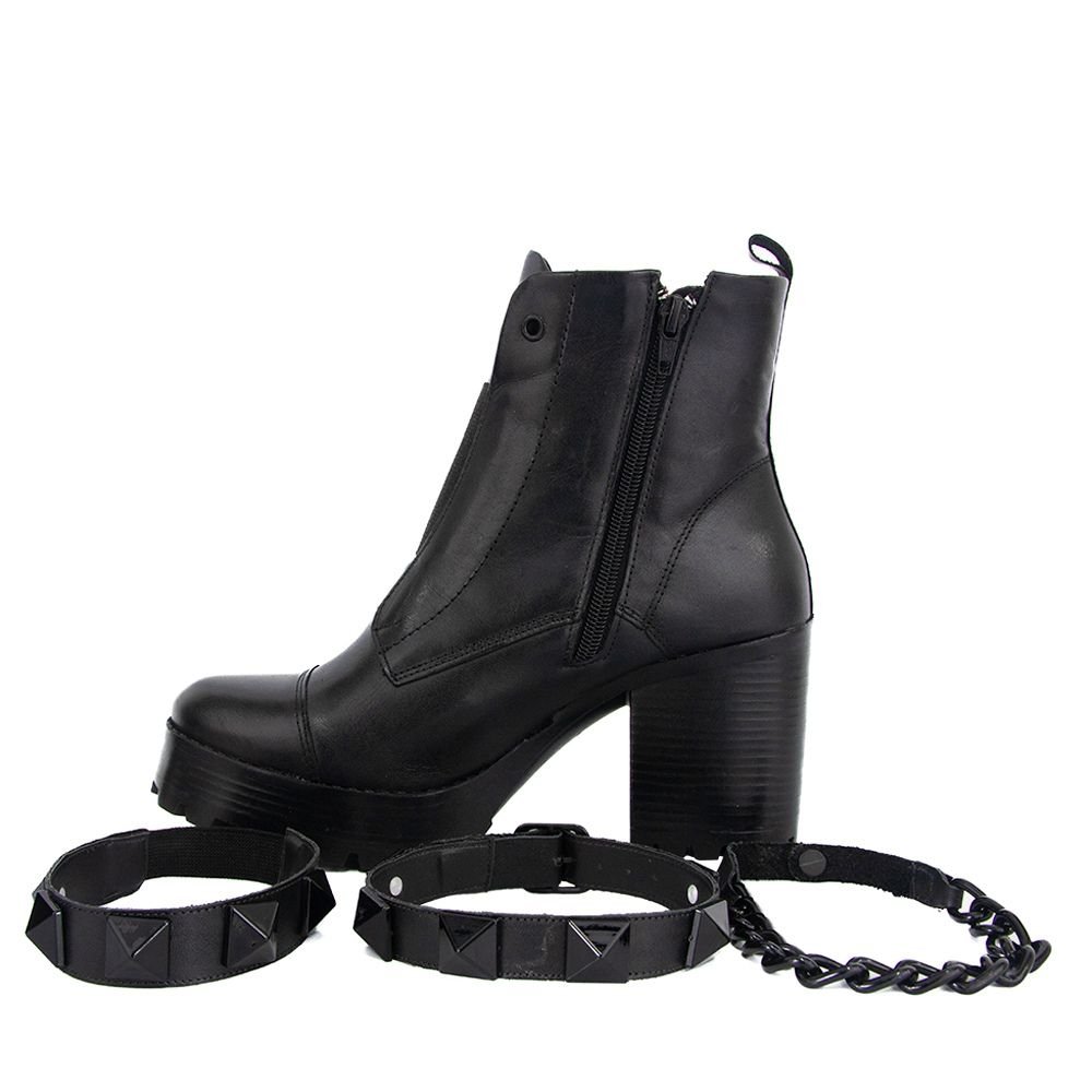 Bota Coturno Couro Feminino Zíper Elástico Frontal Tiras Corrente Spike Removível Salto Tratorado Preto 5